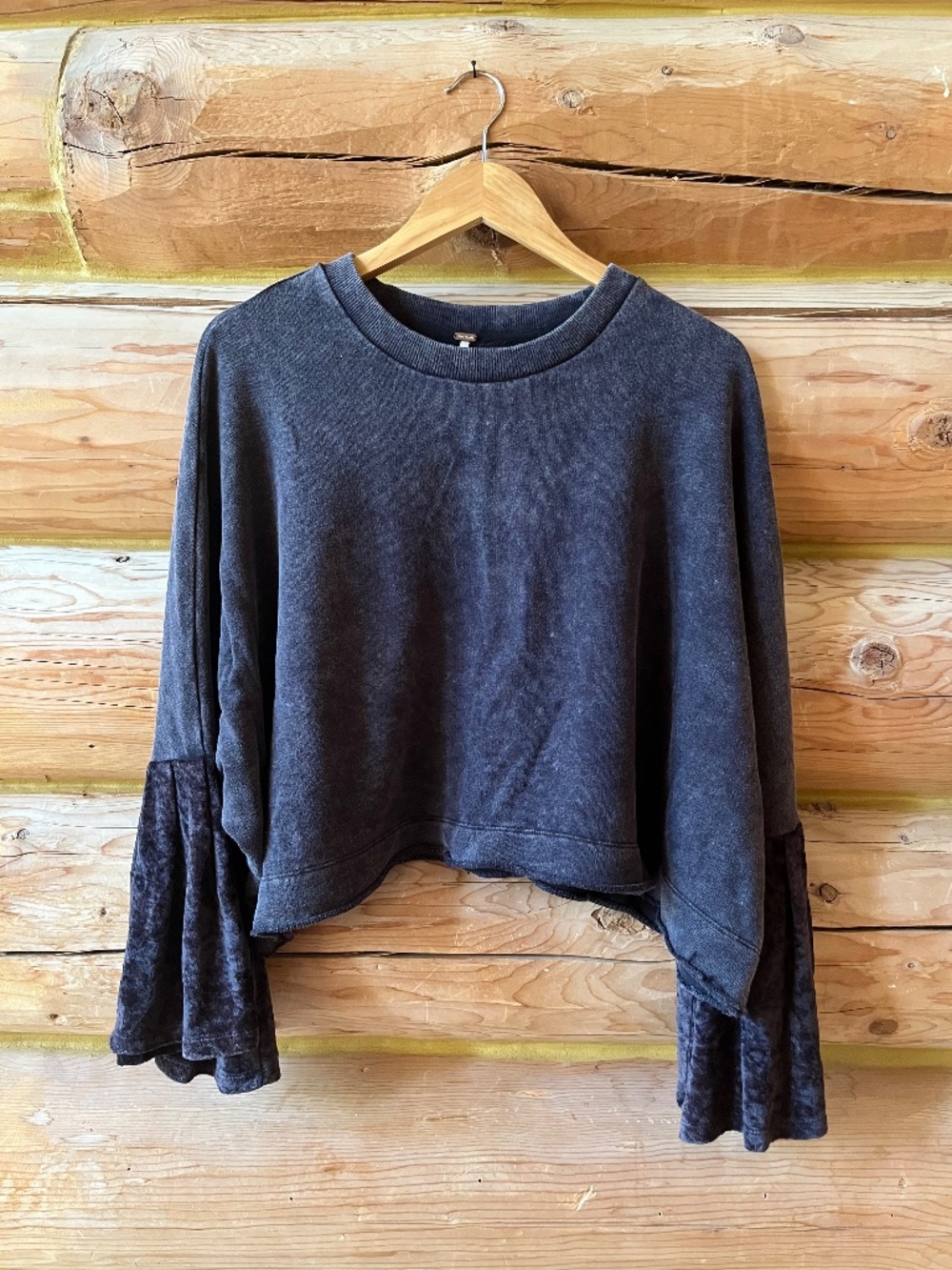 Free People Black Sweatshirt Faded Oversized Wide Cropped Velvet Bell Sleeve XS